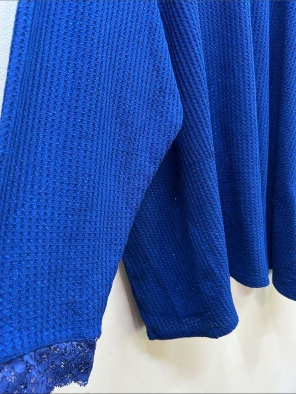 LOGO by Lori Goldstein Lace-Trim Waffle Crewneck Sweater in Sparkly Royal Blue - Picture 3 of 10